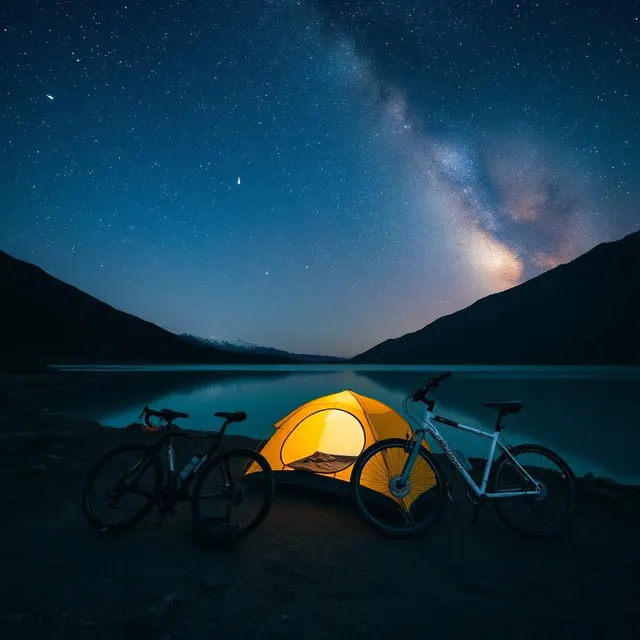 Tent lit from inside beside a turquoise lake under the Milky Way